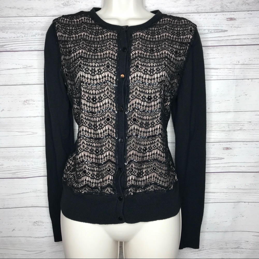 Ann Taylor Sequin Lace Overlay Button Cardigan Women’s M Black Beige